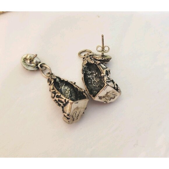 Vtg Sterling Mayan Aztec Warrior Dangle Earring Cloud Shape Marked Black Onyx - Picture 4 of 4